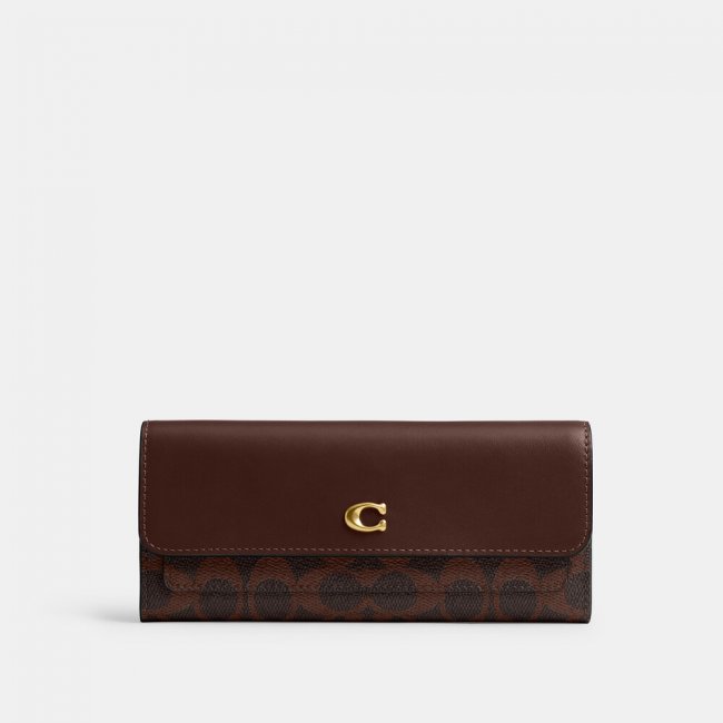 Coach Mila Long Flap Wallet In Signature Canvas - DARK BROWN