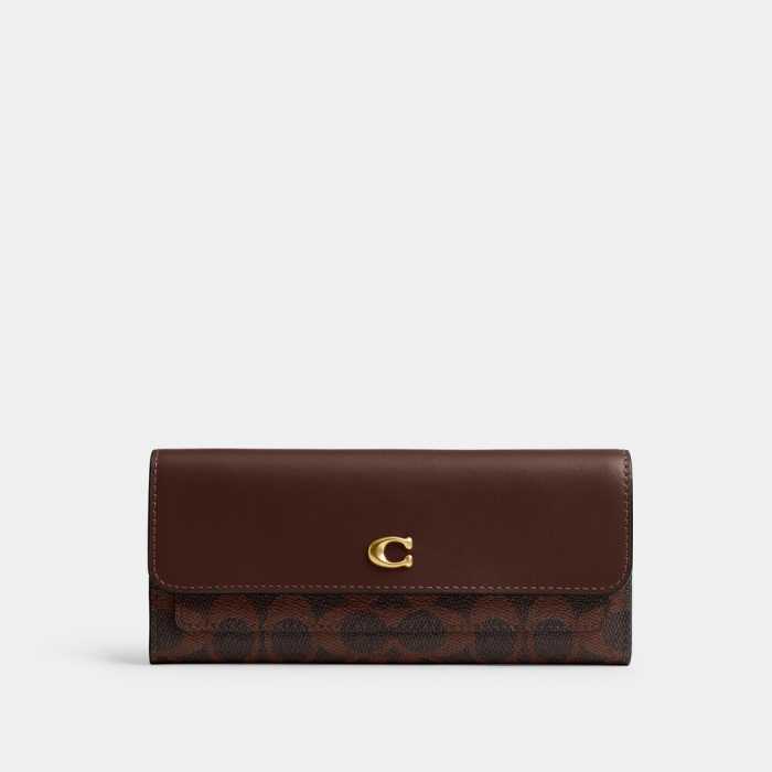 Coach Mila Long Flap Wallet In Signature Canvas - DARK BROWN