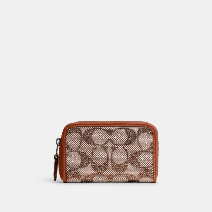 Coach Essential Small Zip Around Card Case In Crystal Signature Jacquard - Brown