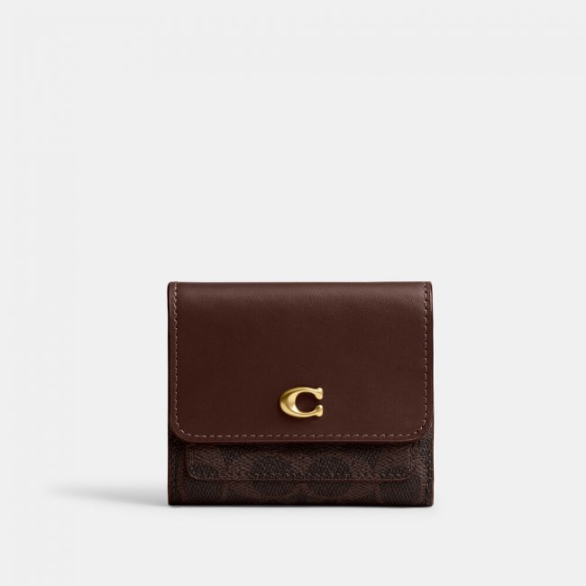 Coach Mila Small Flap Wallet In Signature Canvas - DARK BROWN