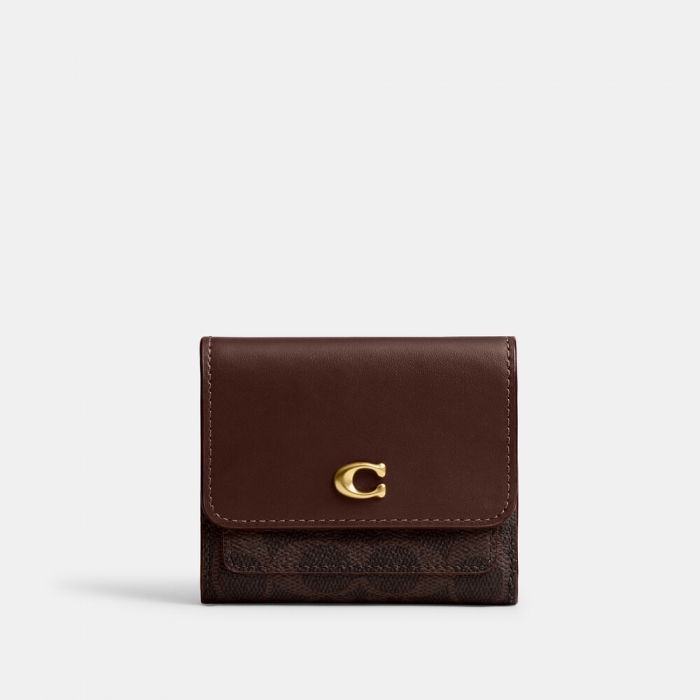 Coach Mila Small Flap Wallet In Signature Canvas - DARK BROWN