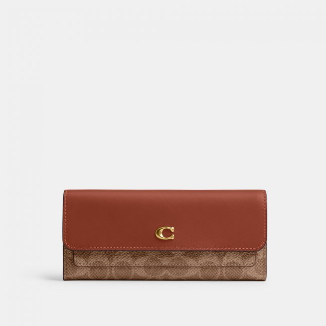 Coach Mila Long Flap Wallet In Signature Canvas - Light/Pastel Brown