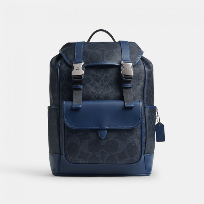 Coach League Flap Backpack In Mixed Signature Canvas - Dark Blue