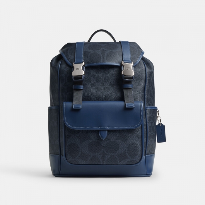 Coach League Flap Backpack In Mixed Signature Canvas - Dark Blue