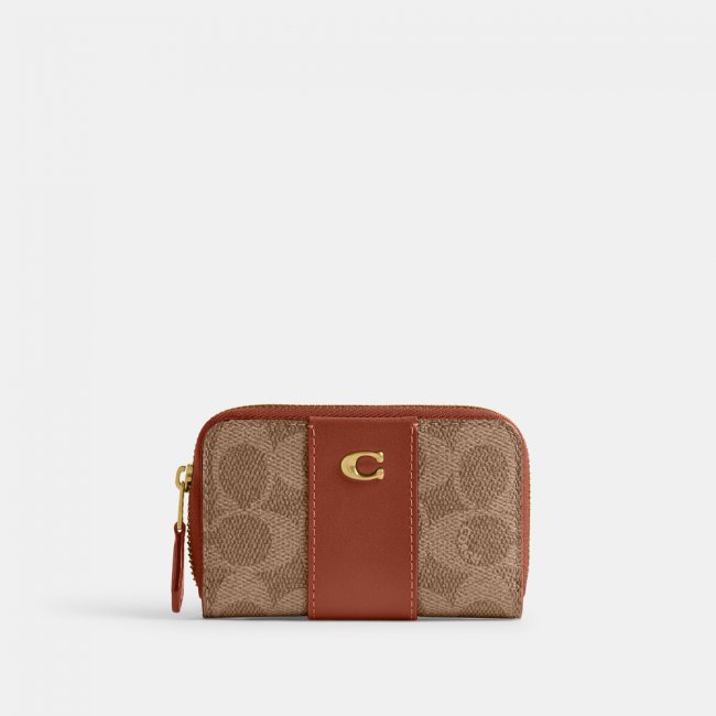 Coach Essential Small Zip Around Card Case In Signature Canvas - Light/Pastel Brown
