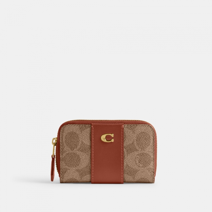 Coach Essential Small Zip Around Card Case In Signature Canvas - Light/Pastel Brown
