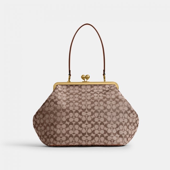 Coach Large Kisslock Frame Bag In Crystal Signature Jacquard - Brown