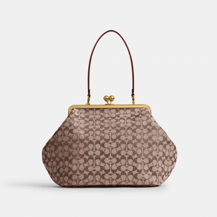 Coach Large Kisslock Frame Bag In Crystal Signature Jacquard - Brown