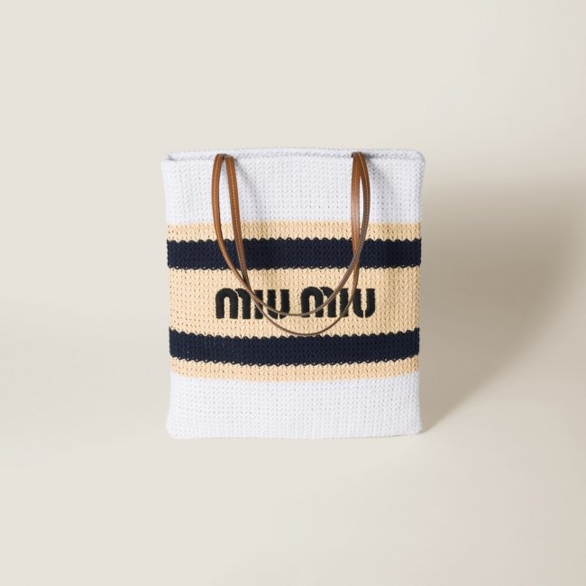 Miu Miu Raffia-effect woven tote bag Tan / White Miu Miu Raffia-effect woven tote bag Tan / White