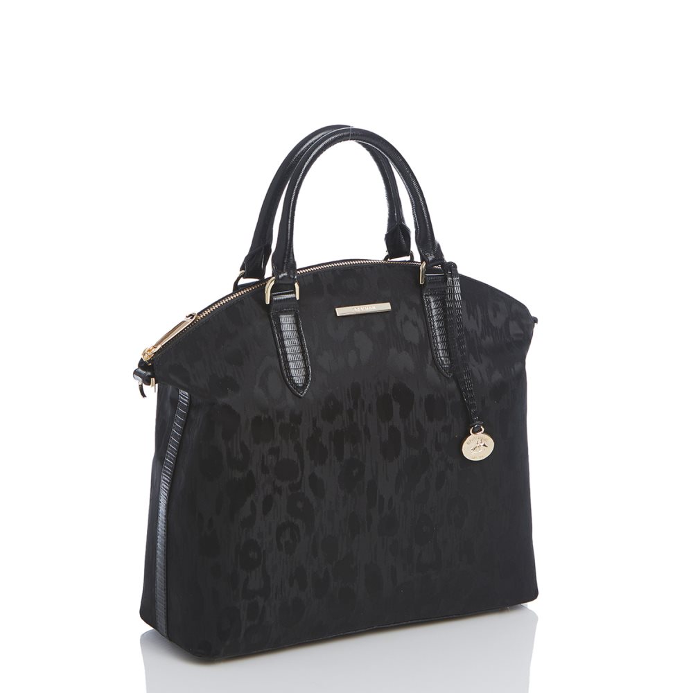 Brahmin Large Duxbury Satchel | Black Leather Leopard Purse ID:Brahmin-203098